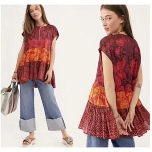 Free People Boho Red Warm Tones "Gotta Have You" Tiered Tunic Blouse Size XS